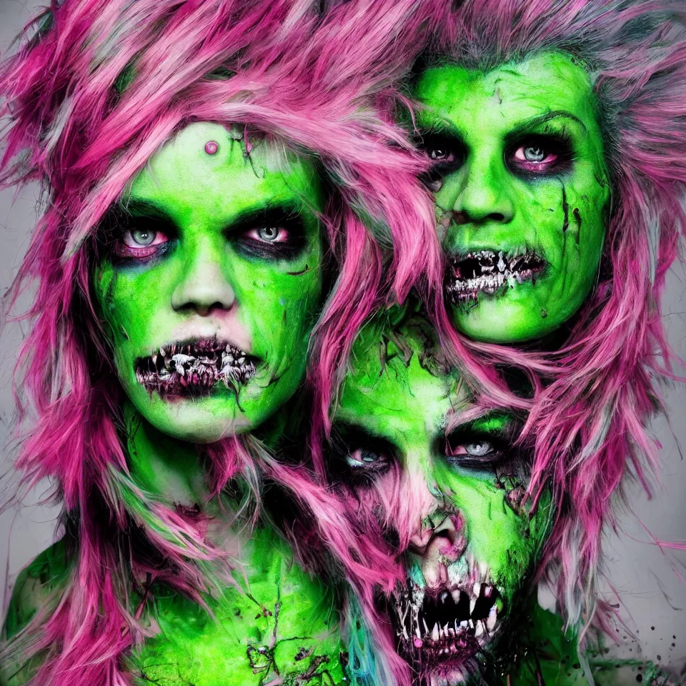 Prompt: ultra realistic portrait of a punk rock zombie with green skin and pink crystalline hair, multicolored background, vivid colors, dramatic lighting, intricately detailed, baroque