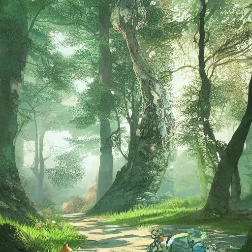 Image similar to forest path, beautiful ancient trees, hiding large treasure chest, serene evening atmosphere, soft lens, soft light, cel - shading, animation, in the style of cgsociety, deviantart, artstation, zbrush, cinema 4 d, studio ghibli, akihiko yoshida, atelier lulua, masamune shirow