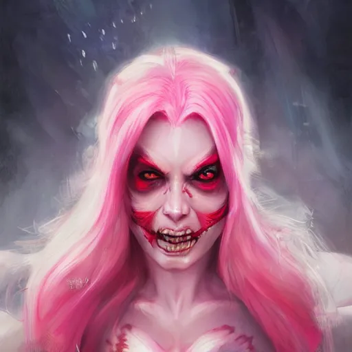 Prompt: a portrait of a pink haired rouge demoness peering into the camera showing fangs by Astri Lohne and Christophe Young, Trending on Artstation, ultra realistic digital art