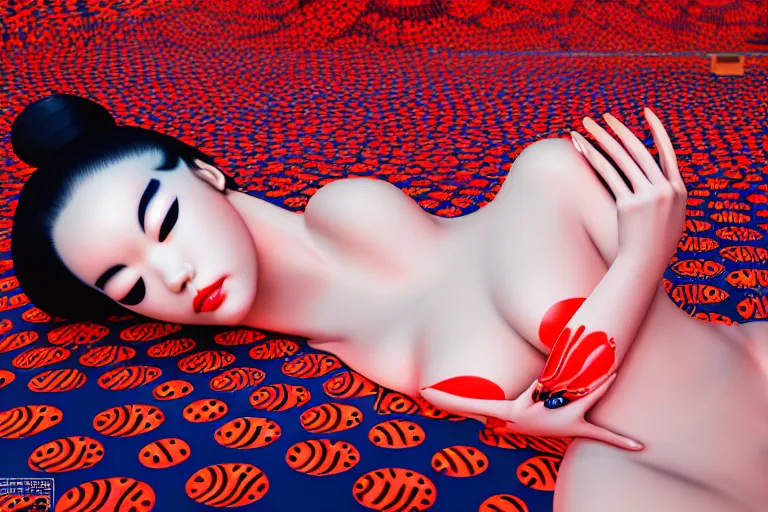 Image similar to hyperrealistic detailed image of a geisha laying in a art installation by yayoi kusama, part by kei mieno, part by alex gray, part by ross tran, part by james jean, ultra realistic, highly detailed, life like face, detailed body, 8 k, unreal engine 5, very cohesive