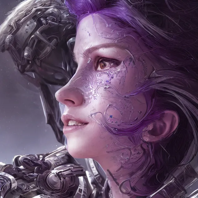 Image similar to facial portrait of a pale woman in sci - fi armor with a flowing purple, elegant, stoic, intense, ultrafine hyperdetailed illustration by kim jung gi, irakli nadar, intricate linework, sharp focus, bright colors, octopath traveler, final fantasy, hearthstone, highly rendered, global illumination, radiant light, detailed, intricate environment