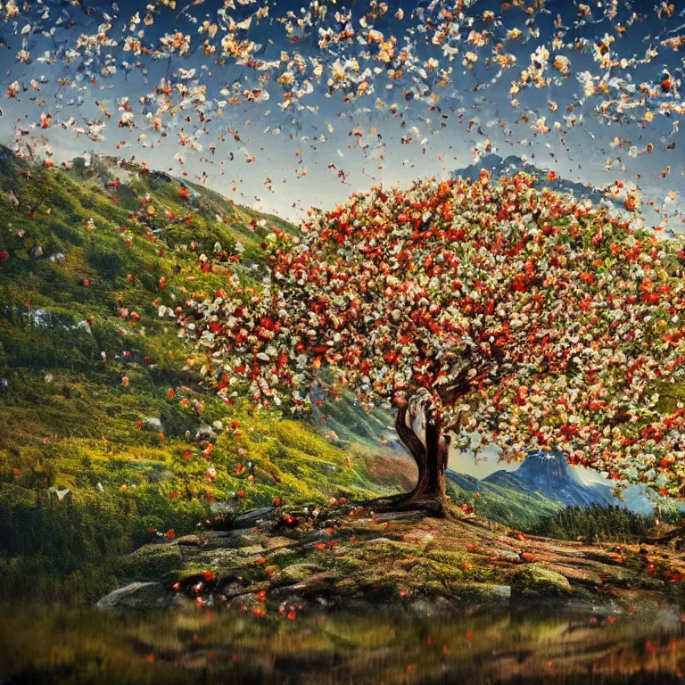 Image similar to a beautiful awesome artistic tree with falling flowers like leaves and many birds, all in the amazing outdoors view, mountain in the background, lake, long exposure, 8 k resolution, trending on artstation