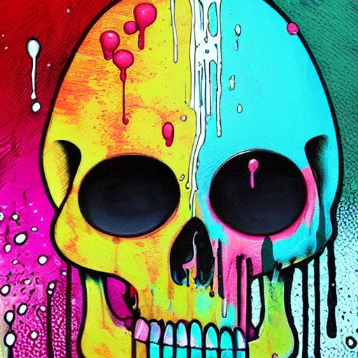 Image similar to drippy, dripping paint, skull, psychedelic, glitch, miyazaki style, exaggerated accents