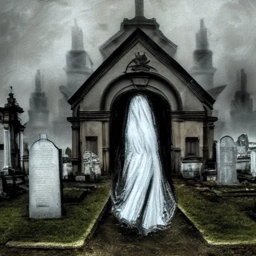 Image similar to ominous bedsheet ghost walking through the center of an old cemetery, oil painting, brush strokes, gloomy misty atmosphere, symmetrical, full body image, highly ornate intricate details, very sharp photo,