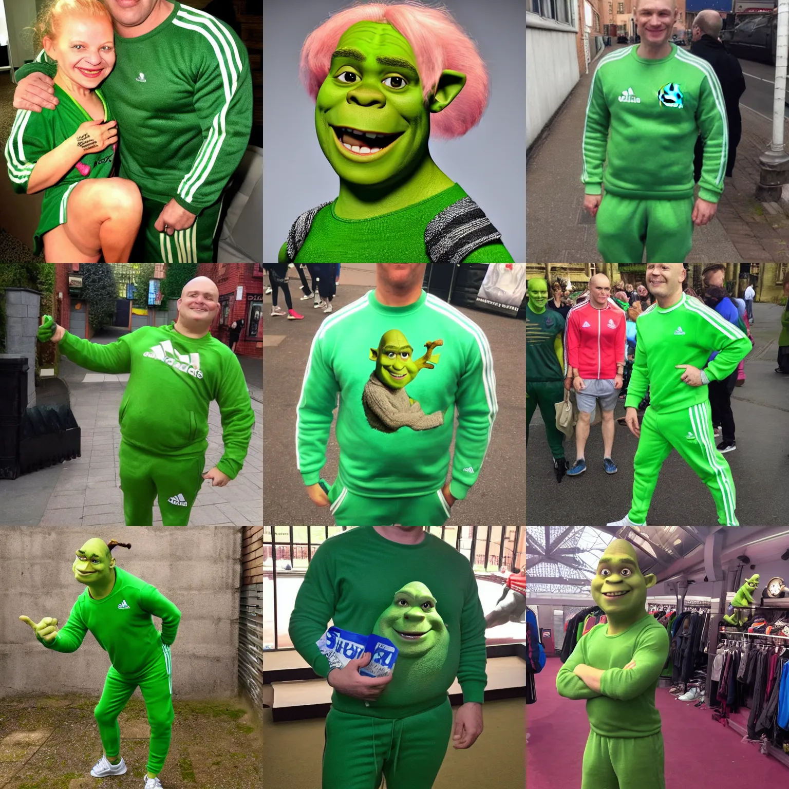 Prompt: shrek with gollum face in adidas tracksuit smokes bong