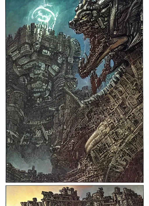 Image similar to intricate fantasy comic book drawing of a ( giant mechanical dragon ) over a ( stronghold castle ) by dariusz zawadski and simon stalenhag, simon bisley!, jack kirby!!! and gris grimly, cinematic, epic, awesome color palette