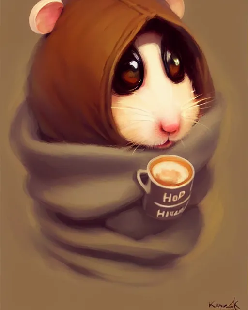 Prompt: a hamster wrapped up in a blanket, with a cup of hot chocolate, cute, big eyes, digital painting by krenz cushart, ilya kuvshinov, victo ngai, thomas kinkade. cute cozy room, highly detailed, award winning, artstation