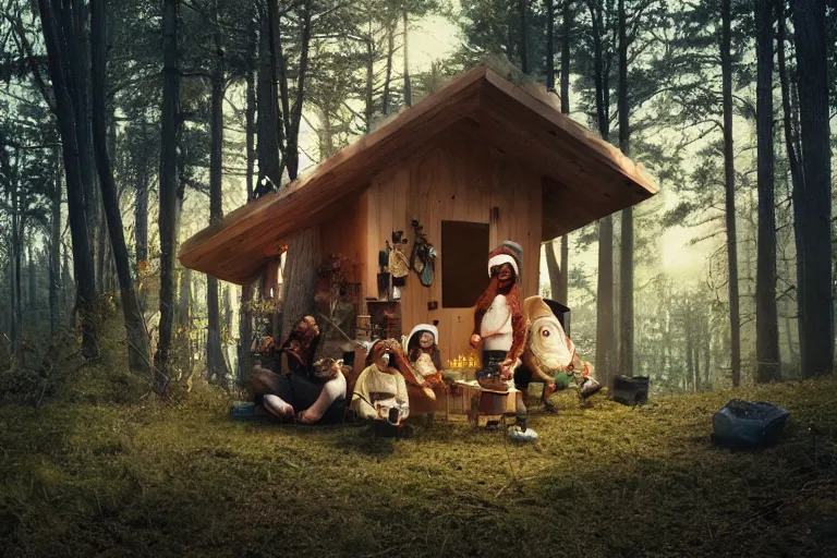 Image similar to movie scene portrait closeup, real life team of tiny gnome people building a tiny house in the forest natural lighting by emmanuel lubezki