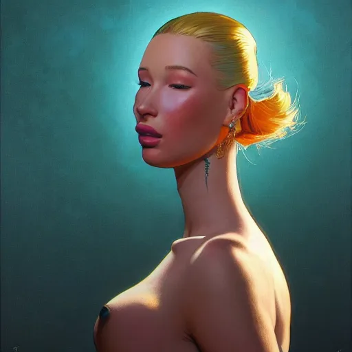 Image similar to 4k headshot of thicc Iggy azalea from Macfarlane comics, killing with green fire by Craig Mullins, ilya kuvshinov, krenz cushart, epic , artgerm trending on artstation by Edward Hopper and Dan Mumford and WLOP and Rutkovsky, beksinski carl spitzweg moebius and tuomas kocar, intricate artwork by caravaggio, Unreal Engine 5, Lumen, Nanite , 4K headshot of godlike clown with defined arms and open hands and bloody clothes with giant mandala wings , intricate face , flawless anime cel animation by Kentaro Miura, psychedelic , highly detailed upper body , professionally post-processed , beautiful, scary, symmetry accurate features, epic, octane rendered, anime masterpiece, accurate