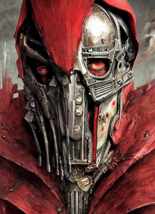 Image similar to portrait of rotten Nicolas Cage as adeptus mechanicus in red hood and robe from Warhammer 40000. Highly detailed, artstation, illustration by and John Blanche and zdislav beksinski and wayne barlowe