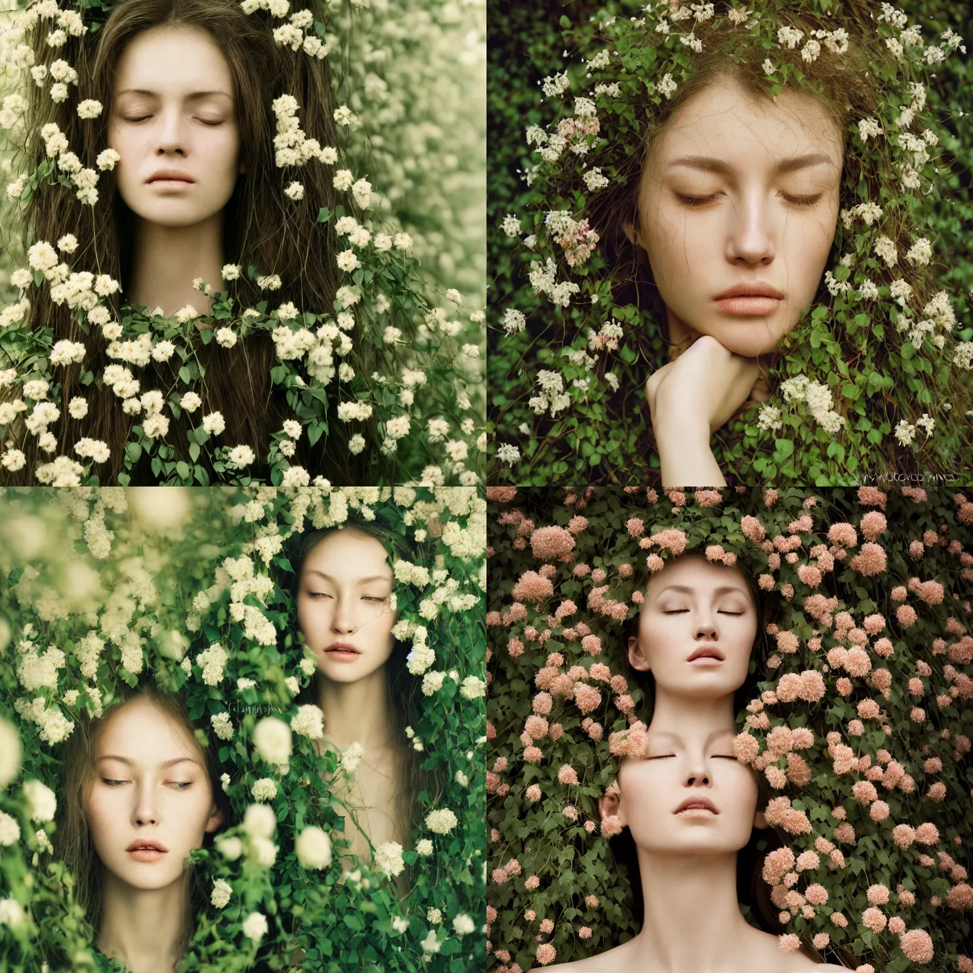 Prompt: n analog head and shoulder frontal face photography of a Caucasian woman surrounded by big massive flowers and vines and roots by Zhang Jingna. Long hair. closed eyes. Kodak Portra 800 film. Depth of field. whirl bokeh. Sunshine. detailed. hq. realistic. warm light. muted colors. Moody. Filmic. Dreamy. lens flare. Leica M9, f/1.2, symmetrical balance, in-frame