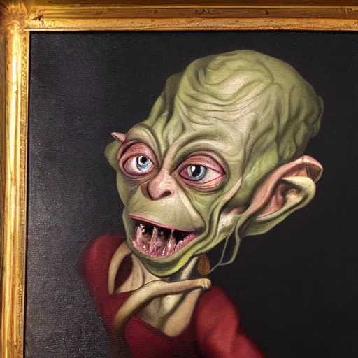 Prompt: a rococo oil painting of gollum