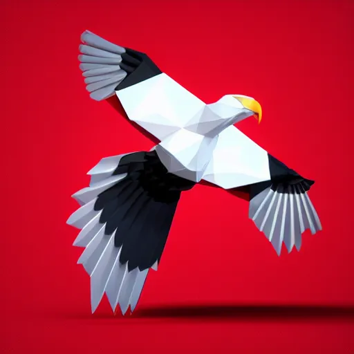 Image similar to low poly, vector, white eagle flying above an open book, icon, red background, cgsociety, artstation, octane render