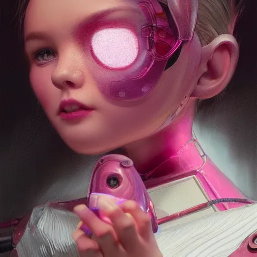 Image similar to an insanely detailed portrait of a pretty humanoid robot showing the viewer a pink icecream, artstation greg rutkowski, cinematic, hyperrealist, digital art