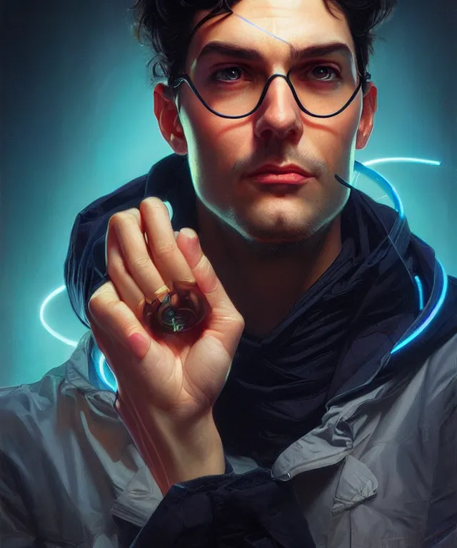 Image similar to Hacker man hologram portrait, highly detailed, digital painting, artstation, concept art, smooth, sharp focus, illustration, art by artgerm and greg rutkowski and alphonse mucha