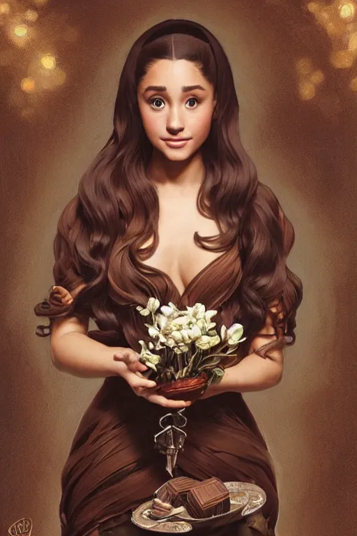 Image similar to beautiful cottagecore Ariana Grande holding a chocolate colored vase. intricate, elegant. the background is chocolate !. highly detailed, digital painting, artstation, concept art, smooth, sharp, focus, illustration. . art by artgerm and greg rutkowski and alphonse mucha