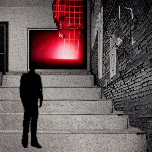 Image similar to cctv of an extremely dark empty abandoned building with glowing humanoid cryptid made out of television static, dark deep black shadows, red and black color contrast in the style of trevor henderson, liminal space, 3 d render, glitch effect