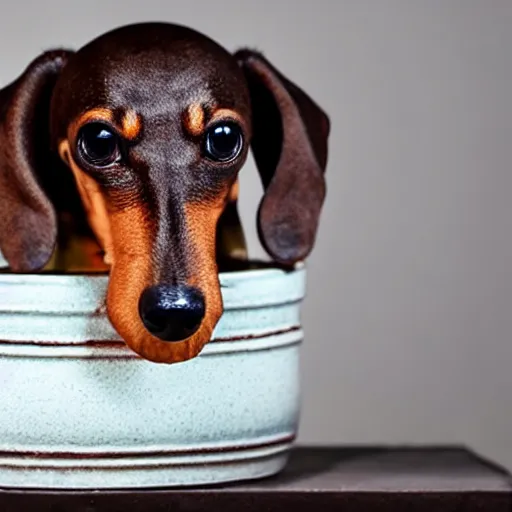 Prompt: Professional photograph of a deformed dachshund growing in a bonsai pot