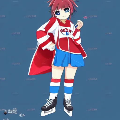 Prompt: cute anime girl ice hockey player, habs jersey, blue white and red color blocking, character concept exploration, ghost in the shell, outfit designs, trending on artstation, 8k