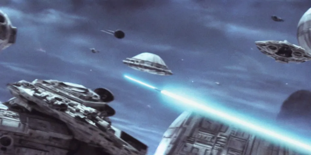 Image similar to a still from a film of a live action STAR WARS space battle far off in the distance over a giant space structure, 35mm, directed by George Lucas, miniatures, ILM