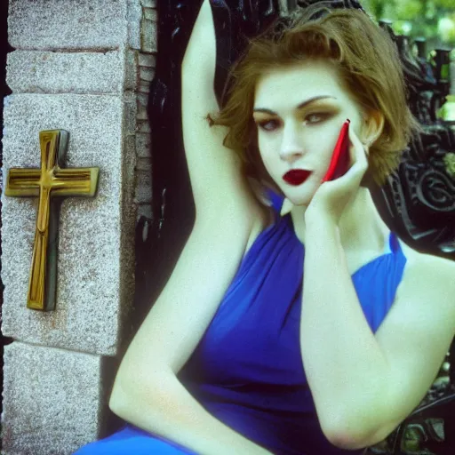 Prompt: close-up, color slide, Kodak Ektachrome E100, studio photographic portrait of Death as a young attractive, pale girl, gorgeous face, wears Egyptian Ankh Cross Pendant Necklace, Neo-Gothic looking, sits at a bench in a public park, intricate, elegant, blue hour, casual, lifelike, realistic, punk, Nikon camera, 75mm lens, f/2.8 aperture, HD, deep depth of field, sharp focus, rich deep moody colors, masterpiece image, highly detailed, Shutterstock, Curated Collections, Sony World Photography Awards, Pinterest, by Annie Leibovitz