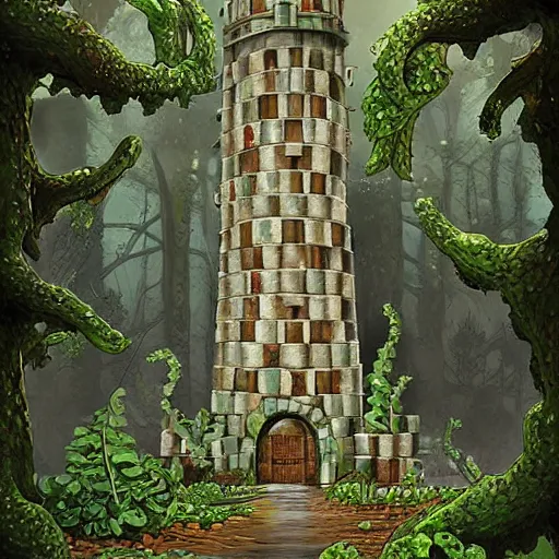 Image similar to ruins of a tower covered in creepers, beautiful, intricate, detailed, digital art painting