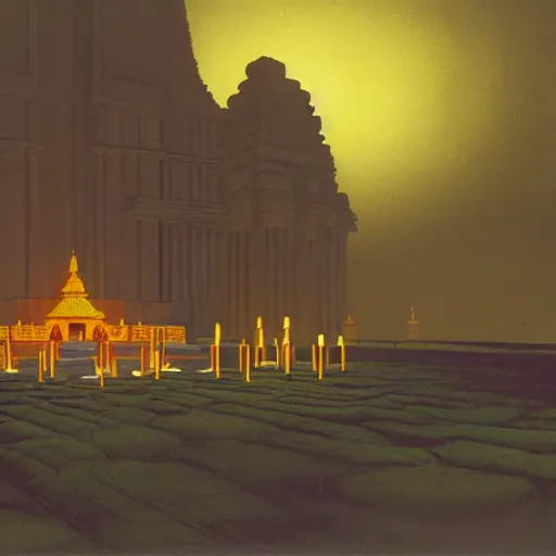 Prompt: a syd mead and ralph maquarrie style matte painting of an ancient indian temple ruins with candles lit inside, on top of a tropical hill, night