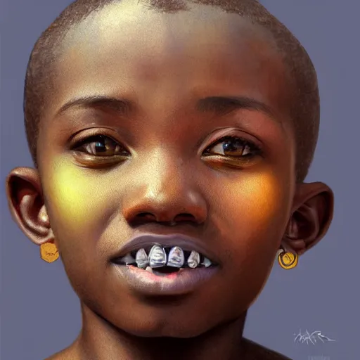 Image similar to colourful upper half portrait of an african boy with sliver teeth grillz, art by hsiao - ron cheng & alphonse mucha, highly detailed, digital painting, ray tracing, concept art, illustration, smooth sharp focus, intricate, symmetry, artstation,