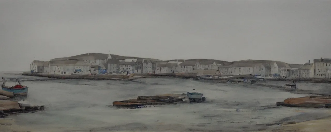 Prompt: a painting of the harbour at Stromness orkney, muted, bleak, gloomy, depressing