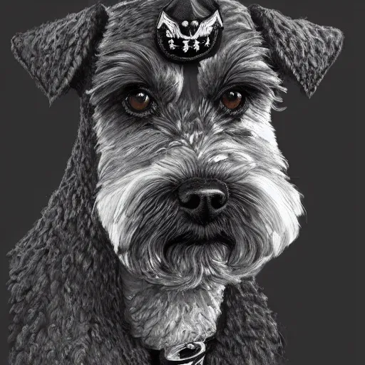 Image similar to portrait of stoic looking miniature schnauzer, military uniform, black fir, white eyebrows, fantasy, intricate, elegant, highly detailed, centered, dark, smokey, charcoal painting, digital painting, artstation, concept art, smooth, sharp focus, illustration, art by artgerm