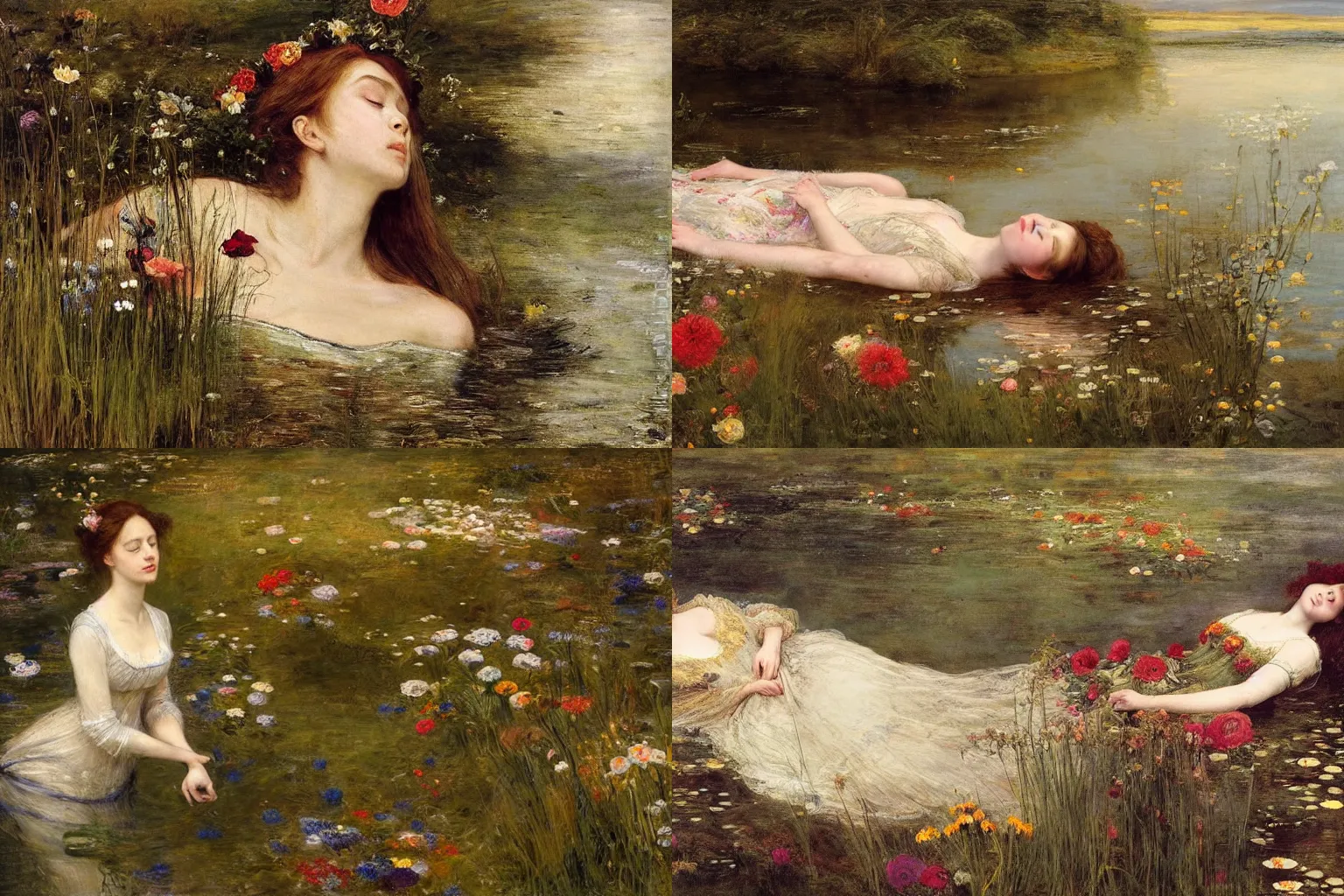 Prompt: a masterful oil painting of a beautiful ophelia with closed eyes floating on a sad river full of grass and flowers and wearing a nicely crafted antique dress, by sir john everett millais, realistic, hyper - detailed, ethereal