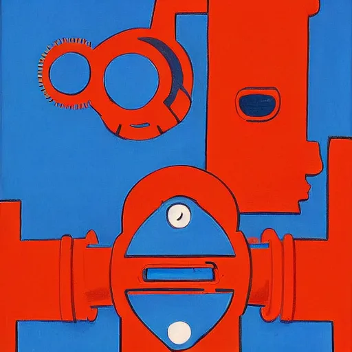 Image similar to symmetrical blue and red, mysterious figure looking at a distant machine, art