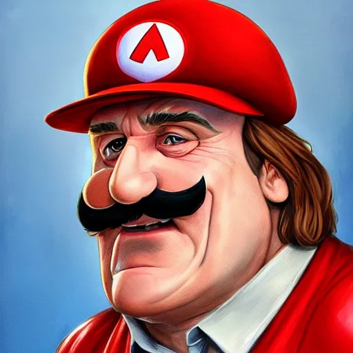 Prompt: Portrait of Gerard Dépardieu as Super Mario, red hat, fantasy, highly detailed, digital painting, artstation, concept art, sharp focus, illustration, art by Tony Sart and artgerm and randy vargas