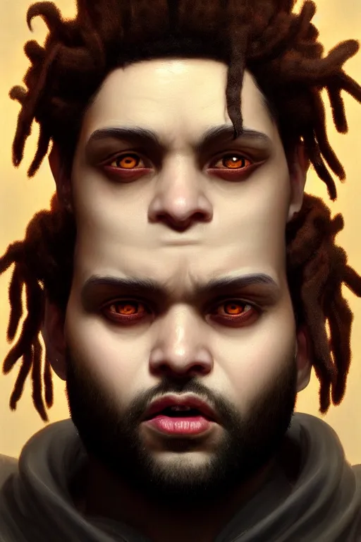 Prompt: a demonic horrific portrait of the weeknd, white eyes, bored, illustration, soft lighting, soft details, painting oil on canvas by edmund blair leighton and charlie bowater octane render, hdr, trending on artstation, 4 k, 8 k, hd