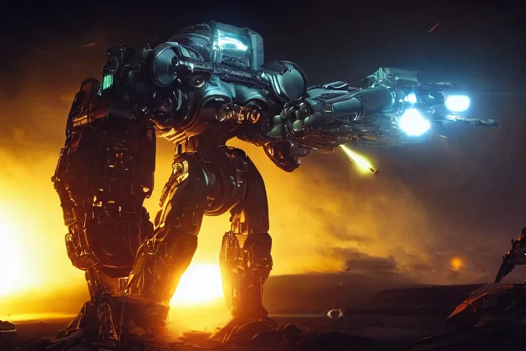 Image similar to VFX movie of a futuristic inhuman alien spacemarines Mech in future spaceship, firing gun at alien horde detailed creature skin neon lighting by Emmanuel Lubezki