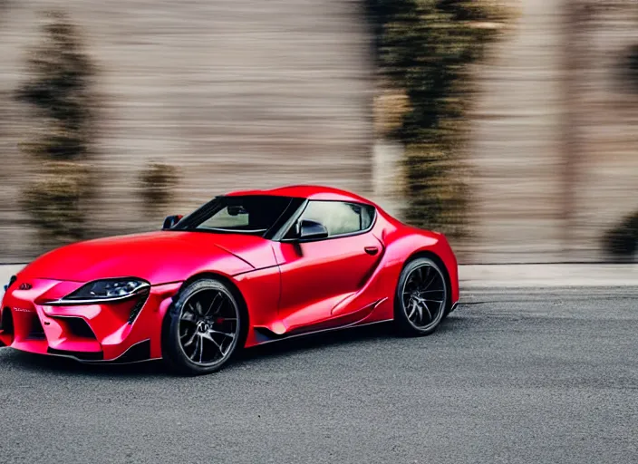 Image similar to Cannon photo of red Toyota supra made in 2022 front sideview parked on street