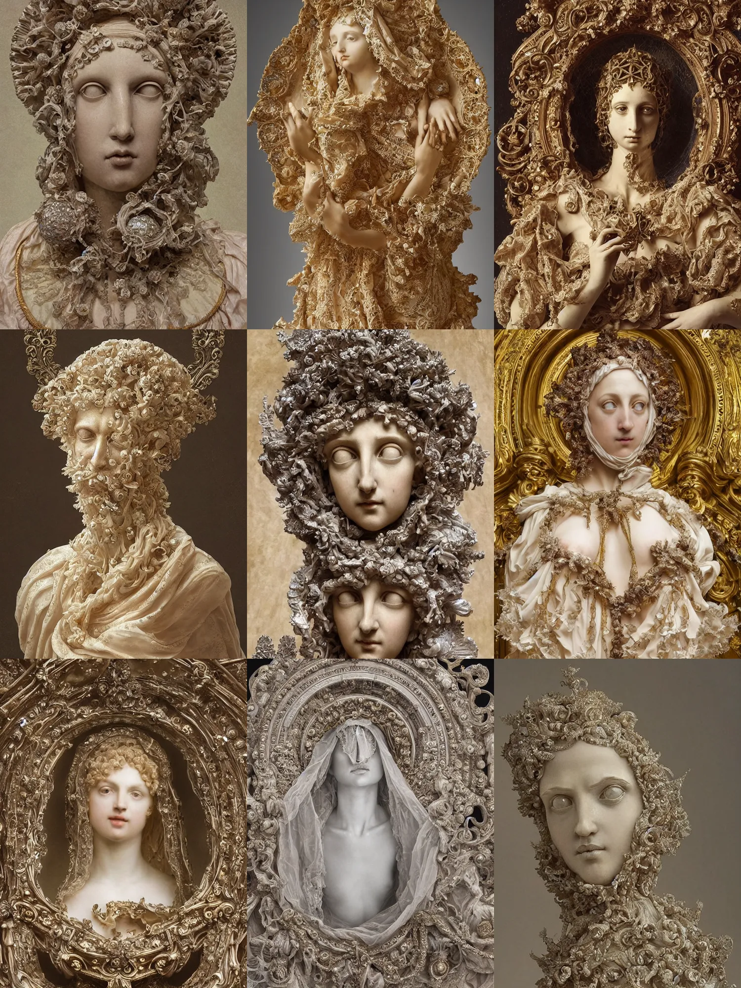Prompt: a beautiful render of baroque catholic veiled Nick Mullen sculpture with symmetry intricate detailed,crystal-embellished,by Lawrence Alma-Tadema, peter gric,aaron horkey,Billelis,trending on pinterest,hyperreal,jewelry,gold,intricate,maximalist,golden ratio,cinematic lighting
