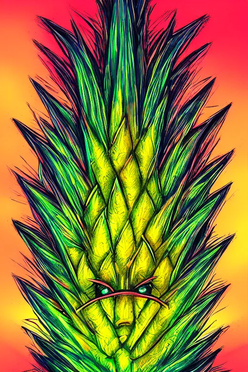 Image similar to glowing luminescent pineapple humanoid figure monster, symmetrical, highly detailed, digital art, sharp focus, trending on art station, amber eyes, autumnal colours