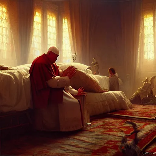 Image similar to the pope is in his bedroom, terrified because demons are attacking him. highly detailed painting by gaston bussiere, greg rutkowski, craig mullins 8 k