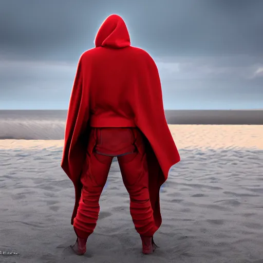 Image similar to view from the back warrior holding two swords, full body worn out damaged cape, red hoodie, worn out clothes, floating sand, concept art, volumetric light, full body shot, 8K, trending on artstation