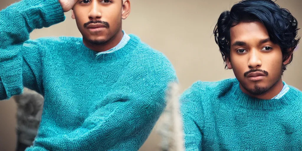 Prompt: Male, Male, Male, Male, Male, short hair, blue hair, dark skin, teal sweater, wavy hair, photograph, hd,