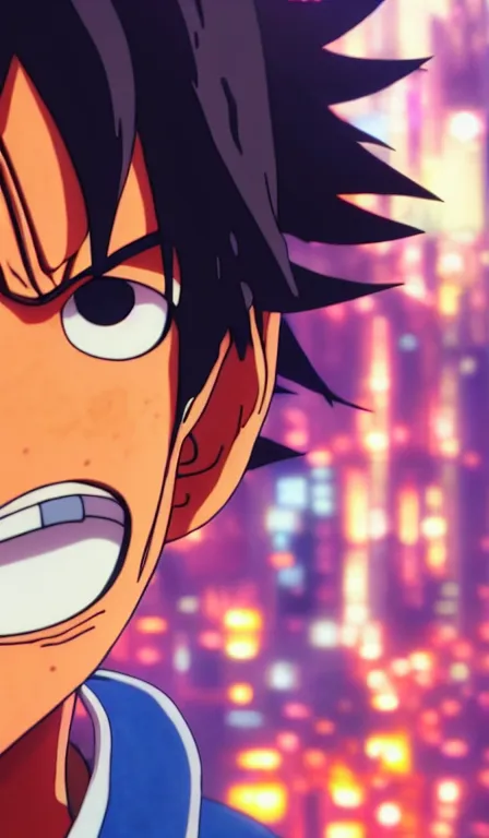 Image similar to anime fine details portrait of Luffy in front of cyberpunk moder city landscape on the background deep bokeh, close-up view, anime masterpiece by Studio Ghibli. 8k, sharp high quality anime, artstation