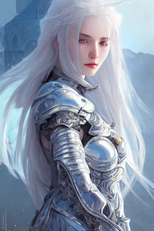 Image similar to portrait white hair knights of zodiac girl, sliver ice color reflected armor, in ruined agora of athens sunrise, ssci - fi and fantasy, intricate and very very beautiful and elegant, highly detailed, digital painting, artstation, concept art, smooth and sharp focus, illustration, art by tian zi and wlop and alphonse mucha