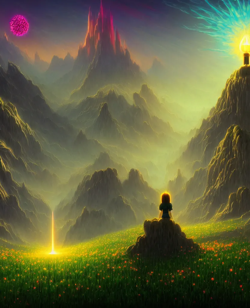 Image similar to spiritual evolution by albert bierstadt, anime cgsociety flowers nature bio shock at dawn at dusk meadow tron matte painting studio ghibli alien futuristic cosmic poppy wilderness fantasy liberty city bladerunner 2 0 4 9 fisheye azeroth, archdaily, wallpaper, highly detailed, trending on artstation.