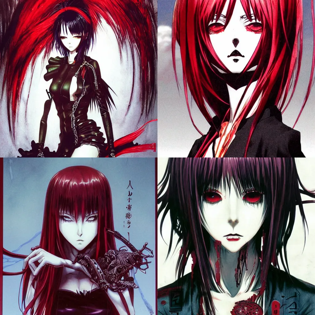Prompt: highly detailed coherent professional 9 0 s seinen anime art of badass goth woman with red hair, black makeup, and red eyes. chunibyo. horror action manga cover promotional art. detailed and intricate environment. drawn by ilya kuvshinov and painted by zdzislaw beksinski, pencils by tsutomu nihei