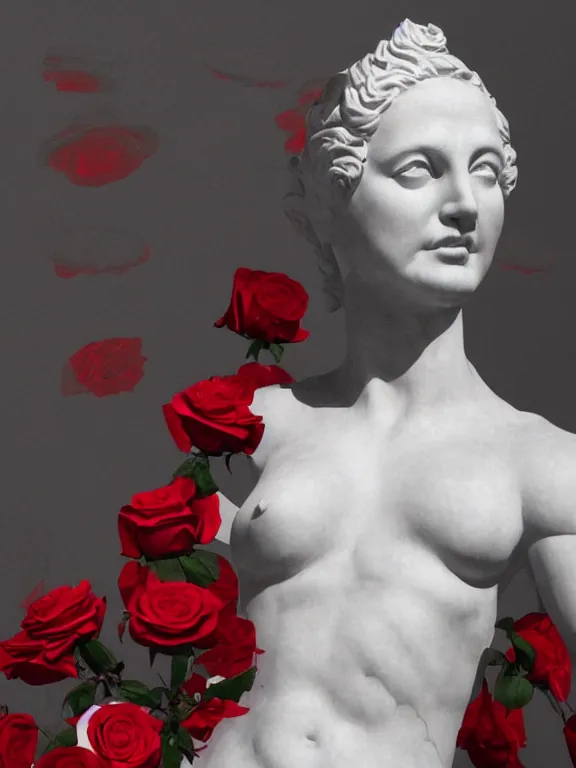 Image similar to portrait art venus of milo sculpture made of white marble, concept art, red roses exploding from her heart, volumetric lighting, hyperrealistic, focused, extreme details, masterpiece, fine details