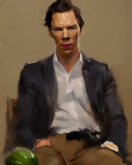 Prompt: greg manchess, a cucumber with benedict cumberbatch's face, trending on artstation