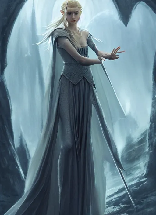 Prompt: beautiful elf elizabeth debicki as galadriel, lord of the rings, lotr fanart, trending on artstation, character art, the hobbit, digital painting, concept art, smooth, sharp focus, illustration, art by artgerm and greg rutkowski, radiant light,