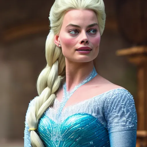 Image similar to Margot Robbie as Elsa in disney frozen live action, 8k full HD photo, cinematic lighting, anatomically correct, oscar award winning, action filled, correct eye placement,