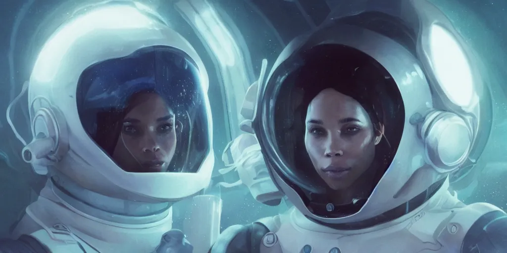 Image similar to one Zoe Kravitz with short hair as a futuristic astronaut, helmet with led lights, alone , underwater in the ocean at night, clear water, volumetric lighting, glowing lights, 4k, octane, digital painting, artstation, concept art, sharp focus, illustration, art by artgerm and greg rutkowski and alphonse mucha , wide angle view,